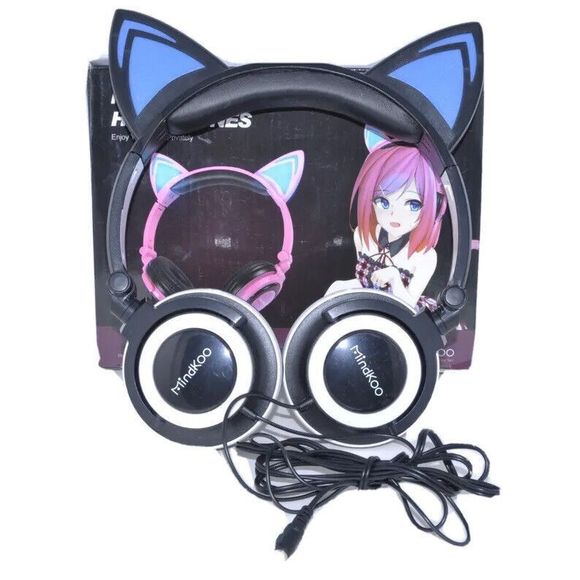 Cat Ear Headphones Led Light Up 2 Modes Blue Girls - Wired Tested - Picture 2 of 6